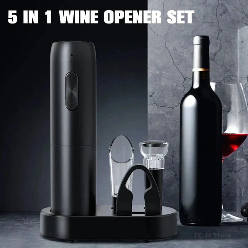 5-in-1 wine opener set with a bottle of red wine and a glass on a gray background.